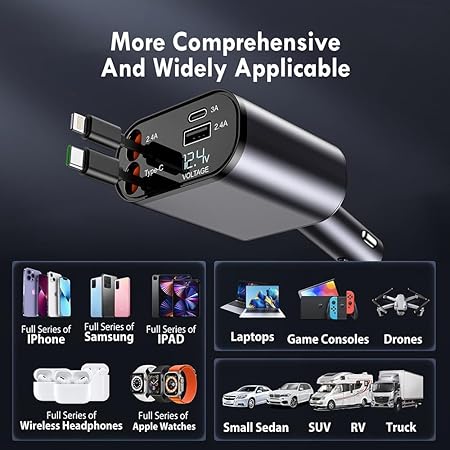 Retractable Car Charger - 4 in 1